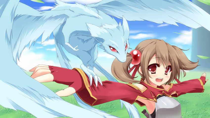 1girl :d armpits brown_hair chest_plate dragon fingerless_gloves gloves hair_bobbles hair_ornament hair_ribbon highres looking_at_viewer open_mouth outstretched_arms pina_(sao) red_eyes ribbon silica_(sao-alo) sky smile spread_arms sword_art_online tagme taletale twintails
