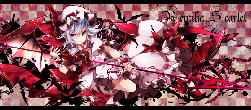 1girl bat_wings blue_hair bow chain character_name dress hat hat_bow highres letterboxed looking_at_viewer mob_cap pink_dress pointy_ears puffy_short_sleeves puffy_sleeves red_eyes remilia_scarlet short_sleeves solo spear_the_gungnir tile_background touhou toutenkou wings wrist_cuffs