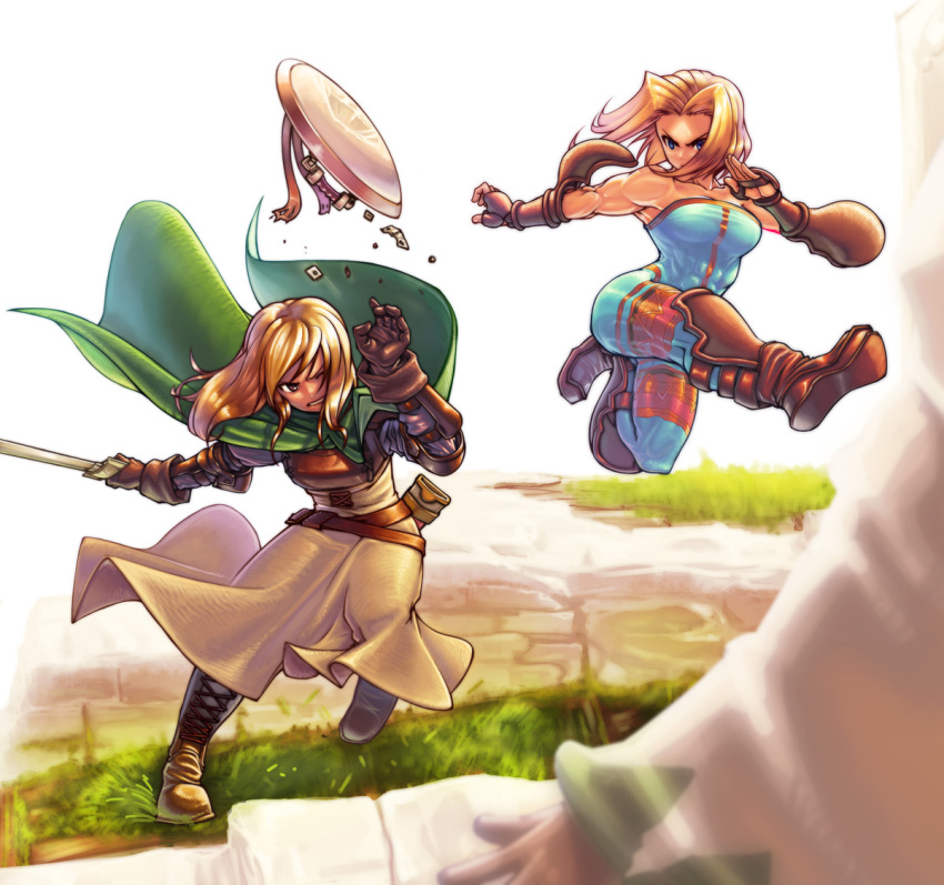 blonde_hair fighting final_fantasy final_fantasy_tactics fingerless_gloves gloves kicking milleuda_folles momigara_(mmgrkmnk) monk_(fft) muscle shield sword weapon white_mage white_mage_(fft)