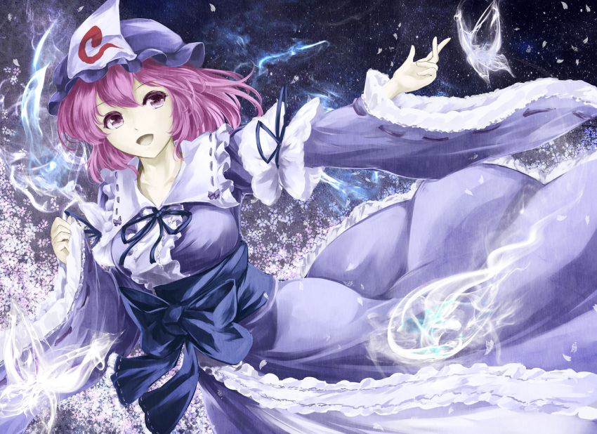 1girl arm_garter bow breasts butterfly ghost hat japanese_clothes kimono kz_nagomiya open_mouth outstretched_arm purple_hair ribbon-trimmed_sleeves ribbon_trim saigyouji_yuyuko solo touhou triangular_headpiece violet_eyes wide_sleeves