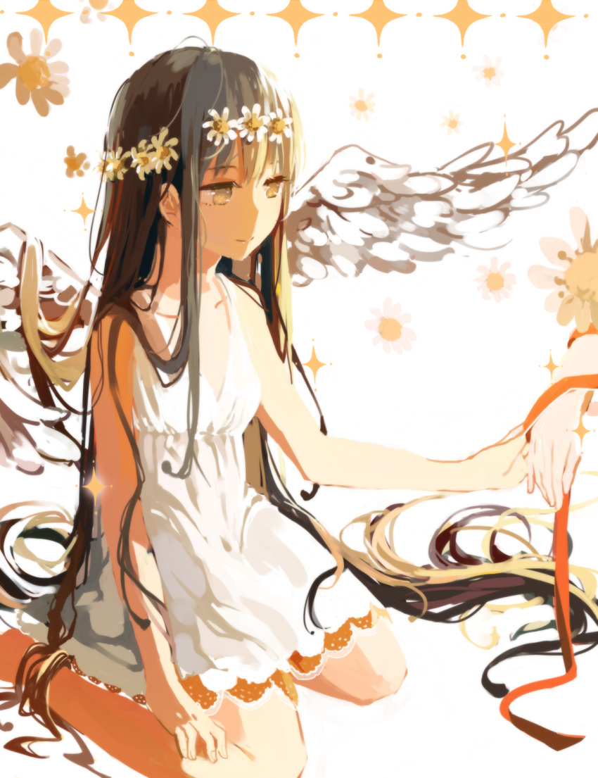 2girls akemi_homura alternate_eye_color black_hair dress feathered_wings flower hair_flower hair_ornament head_wreath highres holding_hands kaname_madoka long_hair looking_at_another mahou_shoujo_madoka_magica mahou_shoujo_madoka_magica_movie multiple_girls out_of_frame red_ribbon ribbon sitting smile very_long_hair white_dress wings yellow_eyes yuri zgxuke