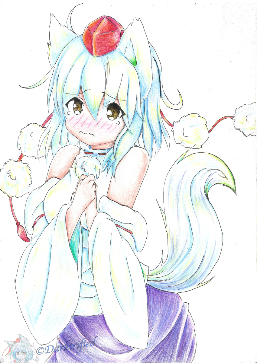 1girl absurdres animal_ears bare_shoulders blush breasts detached_sleeves hand_on_own_chest hat highres inubashiri_momiji pom_pom_(clothes) short_hair silver_hair simple_background solo tail tears tokin_hat touhou traditional_media wavy_mouth white_background wolf_ears wolf_tail yellow_eyes