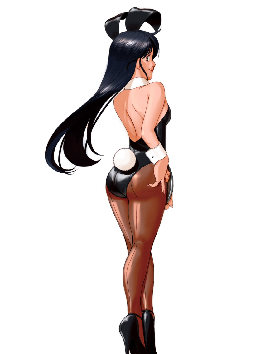 1girl animal_ears ass black_eyes black_hair bunny_tail bunnysuit detached_collar from_behind highres long_hair looking_back nokaze_koyama original pantyhose rabbit_ears standing tail wrist_cuffs