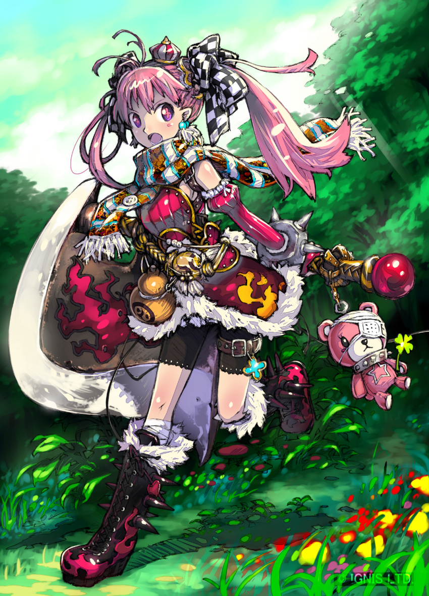 1girl :o ahoge armor armored_dress axe blush boots bow clover company_name cross-laced_footwear crown detached_sleeves earrings eyepatch gourd hair_bow haku_(sabosoda) highres huge_weapon jewelry knee_boots lace-up_boots long_hair mini_crown original pink_eyes pink_hair running scarf shinki_kakusei_melty_maiden shiny shiny_skin shorts shorts_under_skirt smile solo spikes stuffed_animal stuffed_toy symbol-shaped_pupils teddy_bear twintails weapon