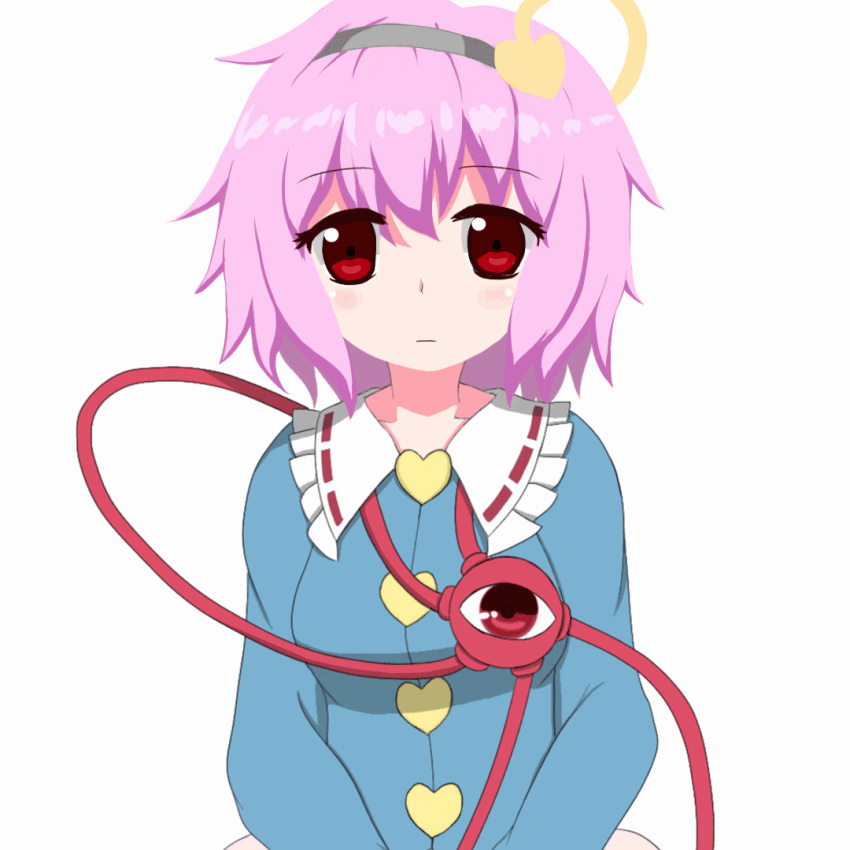 1girl animated animated_gif blindfold blouse blush bust emofuri eyeball hairband heart jumproject komeiji_satori long_sleeves looking_at_viewer pink_hair red_eyes shirt short_hair simple_background solo stare string third_eye touhou ugoira white_background