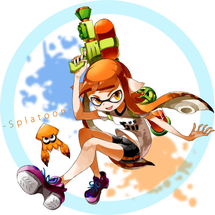 1girl bike_shorts container flat_chest hide448 highres inkling long_hair mask orange_eyes orange_hair pointy_ears shoes slime sneakers solo splatoon squid super_soaker t-shirt tentacle_hair twintails