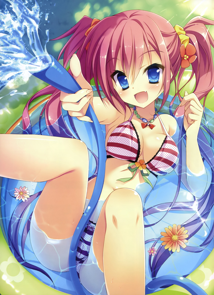 1girl :d absurdres bikini blue_eyes breasts cleavage fang halterneck highres hose jewelry long_hair necklace open_mouth pink_bikini pink_hair smile swimsuit toranosuke twintails wading_pool water