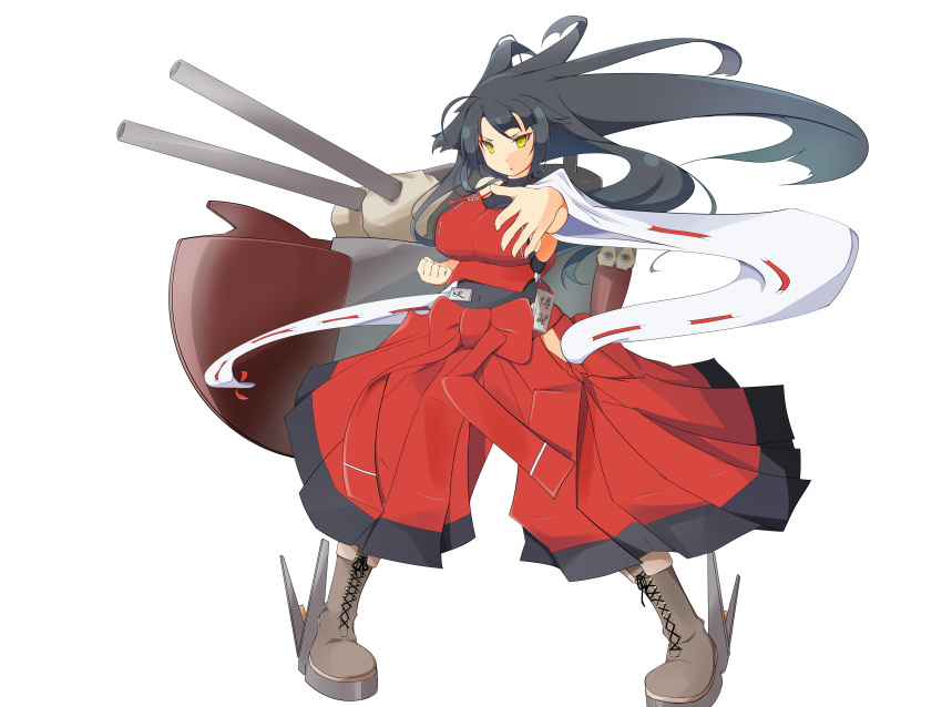 1girl absurdres ahoge black_hair boots bow breasts cannon clenched_hand combat_boots cross-laced_footwear detached_sleeves eyeliner full_body hakama heel_blade highres japanese_clothes kantai_collection kyuchan lace-up_boots large_breasts leotard long_hair m.u.g.e.n makeup nontraditional_miko original parody pigeon-toed pointing pointing_forward sendai_hakurei_no_miko sideboob solo touhou very_long_hair white_background yellow_eyes