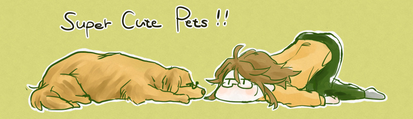 1boy ahoge brown_hair dog english eye_contact glasses jack_bright kain_pathos_crow long_image looking_at_another male outline scp_fodunation scp_foundation seneo t_t top-down_bottom-up wide_image