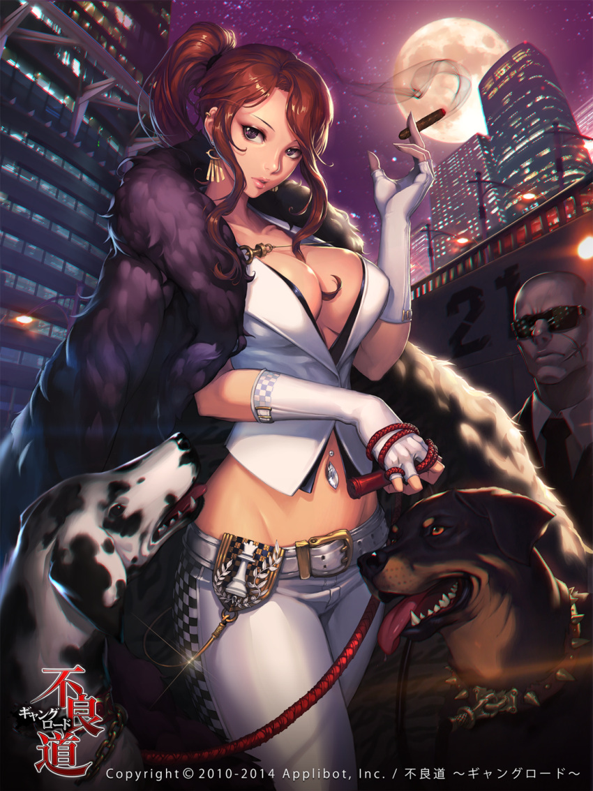 1boy 1girl belt breasts brown_hair buliang_dao:_gang_road character_request chess_piece cigar city cleavage collar dog earrings fingerless_gloves formal full_moon gloves highres jewelry large_breasts leash lips long_hair looking_at_viewer moon na_in-sung navel_piercing necktie night night_sky official_art parted_lips piercing ponytail sky solo_focus suit sunglasses