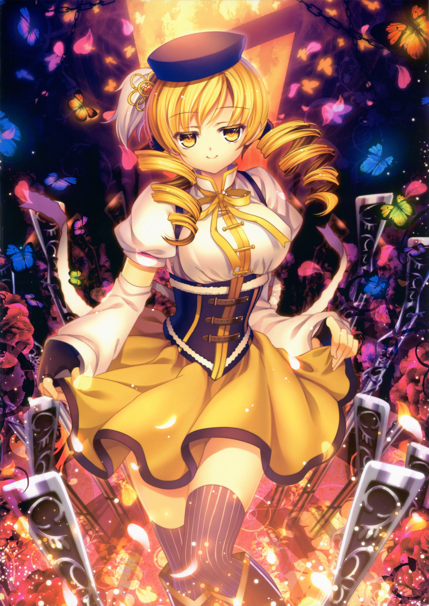 1girl absurdres blonde_hair boots butterfly capura_lin clothes_grab colored_eyelashes corset detached_sleeves drill_hair fingerless_gloves gloves gun hat hat_feather highres knee_boots magical_musket mahou_shoujo_madoka_magica petals ribbon skirt solo striped striped_legwear thigh-highs tomoe_mami twin_drills twintails vertical-striped_legwear vertical_stripes weapon yellow_eyes yellow_skirt zettai_ryouiki