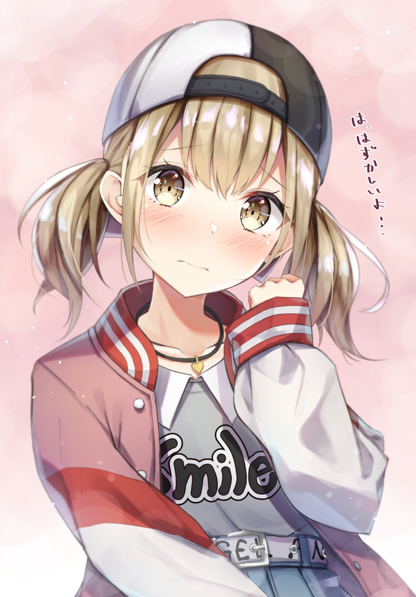 1girl azusawa_kohane backwards_hat bangs black_headwear blonde_hair blue_skirt blush closed_mouth collarbone collared_shirt commentary_request eyebrows_visible_through_hair furrowed_brow grey_shirt hand_up hat highres jacket jewelry long_sleeves looking_at_viewer medium_hair necklace pink_background pink_jacket project_sekai shirt short_twintails sidelocks skirt solo tareme translated twintails upper_body white_headwear yashin yellow_eyes