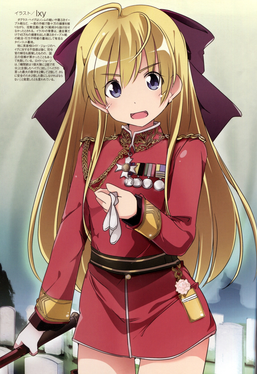 1girl ahoge badge blonde_hair blue_eyes blush bottomless bow douglas_haig genderswap glove_removed gloves graveyard hair_bow highres holding ixy long_hair long_sleeves looking_at_viewer mc_axis military military_uniform open_mouth original purple_bow real_life smile solo tombstone uniform white_gloves