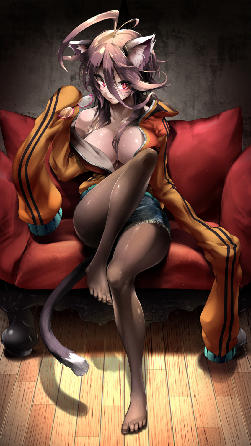 1girl ahoge animal_ears blush breasts brown_hair brown_legwear cat_ears cat_tail couch glasses highres holding holding_glasses large_breasts legs original pantyhose red-framed_glasses red_eyes revision short_hair sitting sleeves_past_wrists solo tail wooden_floor yana_(nekoarashi)