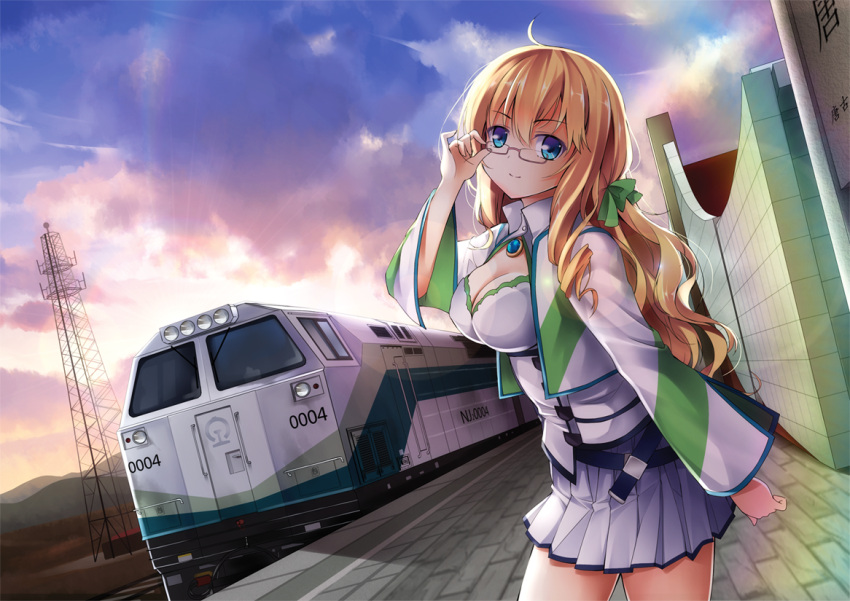 1girl adjusting_glasses ahoge blonde_hair blue_eyes breasts brooch cleavage cleavage_cutout glasses hair_ribbon jacket jewelry large_breasts long_hair looking_at_viewer miniskirt original pleated_skirt power_lines qiuzhi_huiyi ribbon semi-rimless_glasses skirt smile solo train train_station