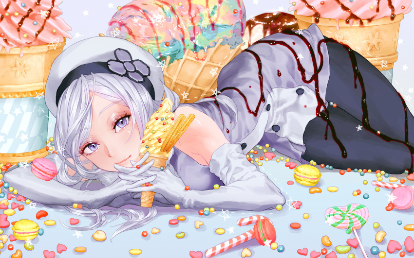 absurdres aila_jyrkiainen bare_shoulders beret candy candy_cane chocolate chocolate_covered chocolate_syrup elbow_gloves food gloves gundam gundam_build_fighters hat highres ice_cream ice_cream_cone lavender_hair lollipop macaroni rukiana violet_eyes