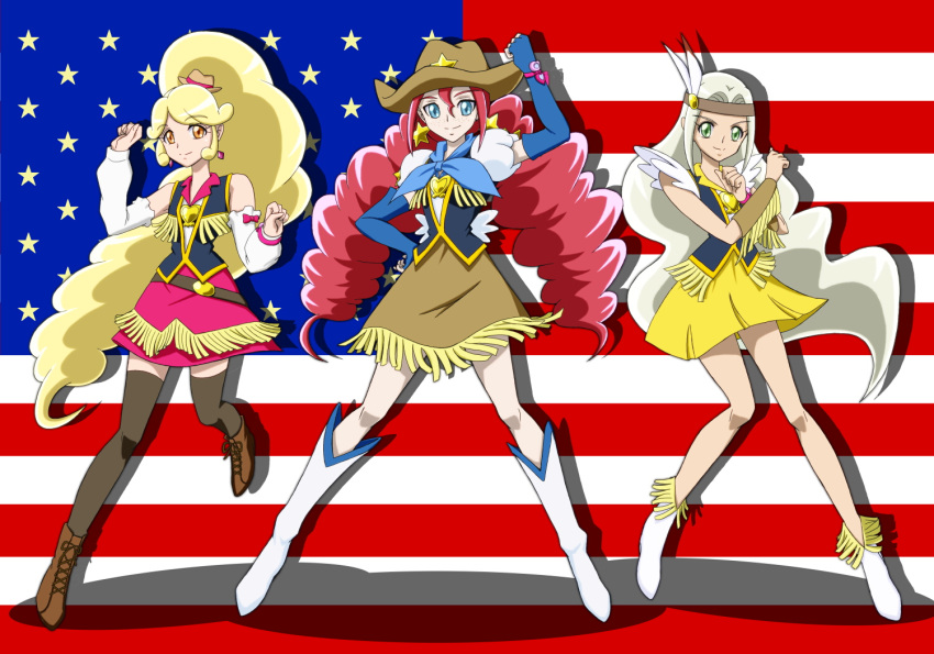 3girls blonde_hair blonde_haired_cure_(bomber_girls_precure)_(happinesscharge_precure!) blue_eyes boots detached_sleeves drill_hair earrings eyelashes green_eyes grey_hair grey_haired_cure_(bomber_girls_precure)_(happinesscharge_precure!) happinesscharge_precure! happy hat jewelry looking_at_viewer magical_girl moritakusan multiple_girls orange_eyes ponytail precure red_haired_cure_(bomber_girls_precure)_(happinesscharge_precure!) redhead shirt skirt smile standing thigh-highs thighs twintails vest wrist_cuffs