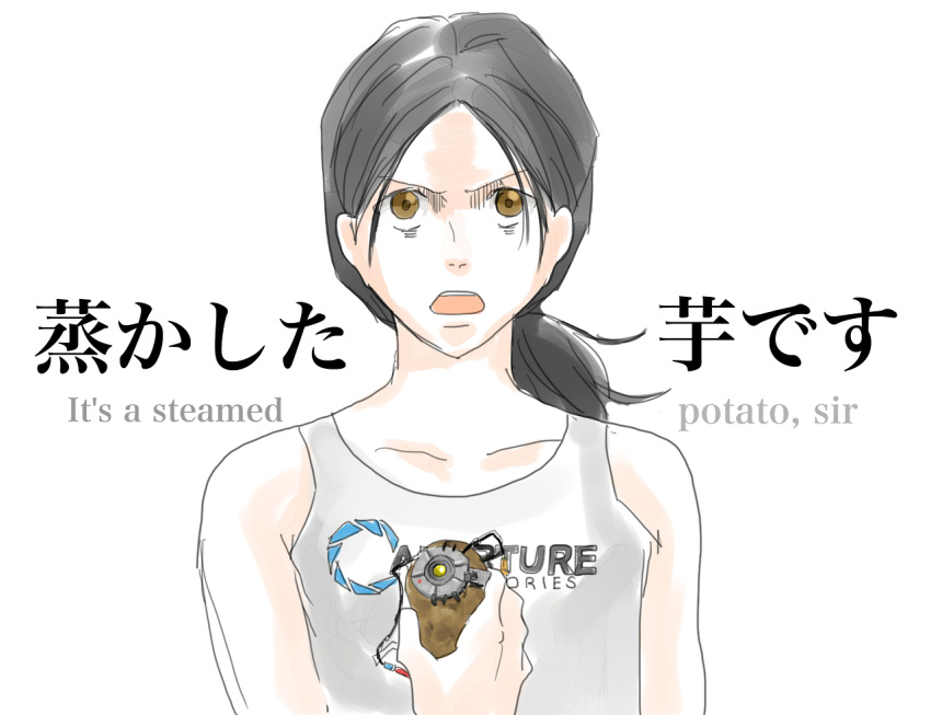 1girl bags_under_eyes bilingual black_hair brown_eyes chell english glados long_hair open_mouth ponytail portal_2 potato simple_background spoilers white_background