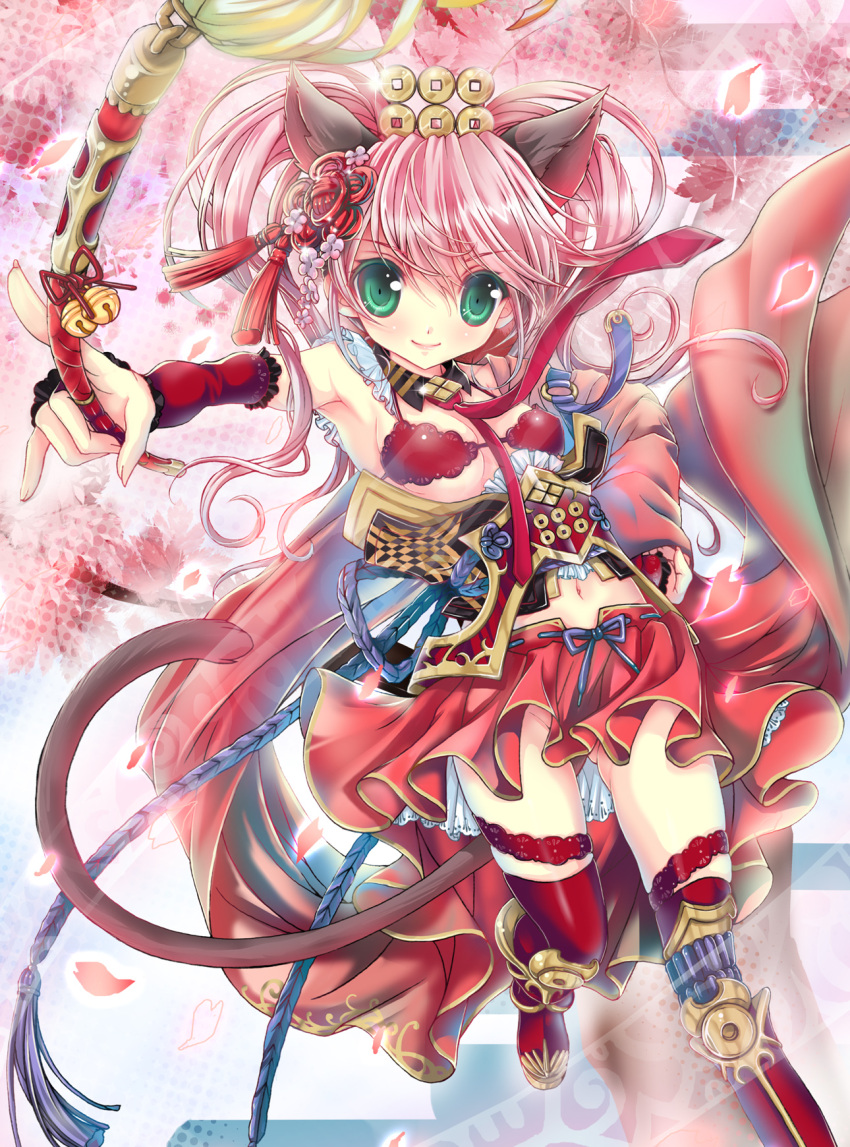 1girl animal_ears bare_shoulders bell blush breasts cat_ears foreshortening green_eyes hair_ornament hand_on_hip highres jingle_bell long_hair miniskirt original pink_hair polearm shisaki_tayu skirt smile solo twintails weapon