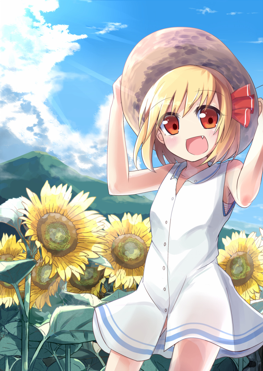 1girl alternate_costume blonde_hair blue_sky clouds dress fang field flower flower_field hair_ribbon hat highres looking_at_viewer mountain open_mouth red_eyes ribbon rumia sky sleeveless sleeveless_dress smile solo soramuko straw_hat sunflower touhou white_dress