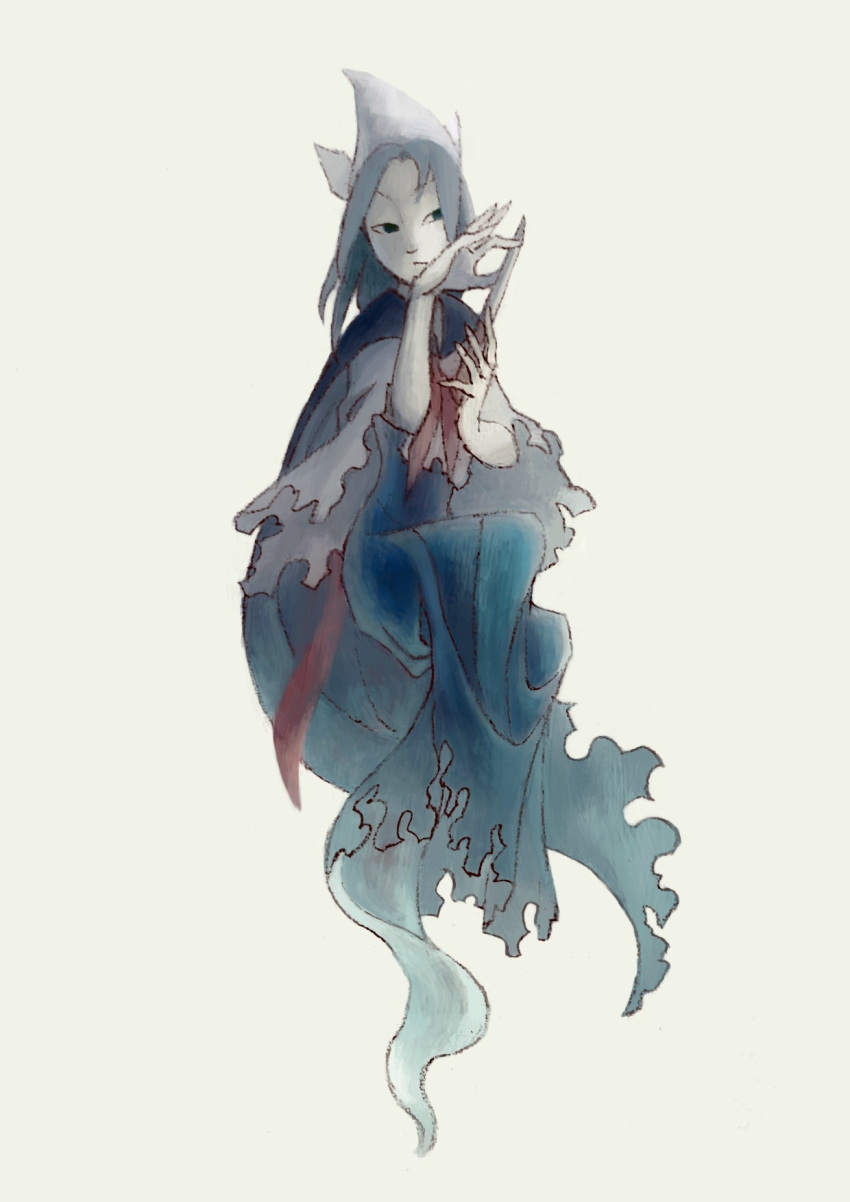1girl blue_dress cape d-nobi dress ghost_tail headwear highres knife looking_to_the_side mima pale_skin short_hair skinny solo touhou touhou_(pc-98)