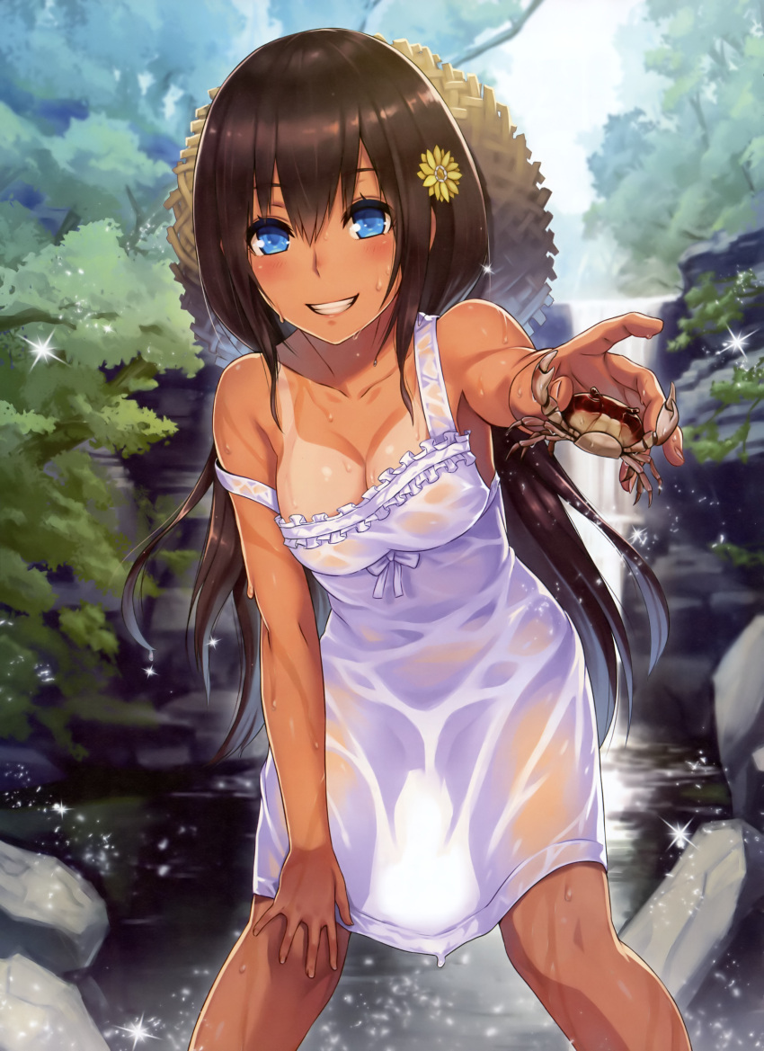 1girl 2d absurdres bare_shoulders black_hair blue_eyes breasts cleavage collarbone crab dress flower grin hair_between_eyes hair_flower hair_ornament hand_on_knee hat hat_removed headwear_removed highres leaning_forward long_hair outstretched_hand scan see-through see-through_silhouette smile solo sparkle strap_slip straw_hat sun_hat sundress tan tanline very_long_hair wet wet_clothes wet_dress white_dress
