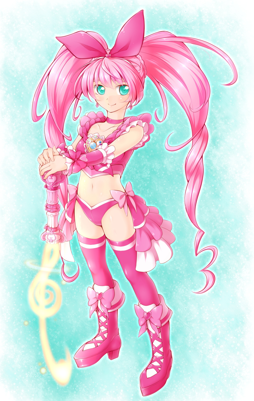 1girl adapted_costume arakawa_tarou blue_eyes boots braid choker cure_melody earrings hair_ornament hair_ribbon happy highres houjou_hibiki jewelry knee_boots long_hair looking_at_viewer magical_girl midriff navel pink_hair pink_legwear pink_shirt pink_underwear precure ribbon shirt single_braid smile solo standing suite_precure thigh-highs thighs twintails underwear wrist_cuffs