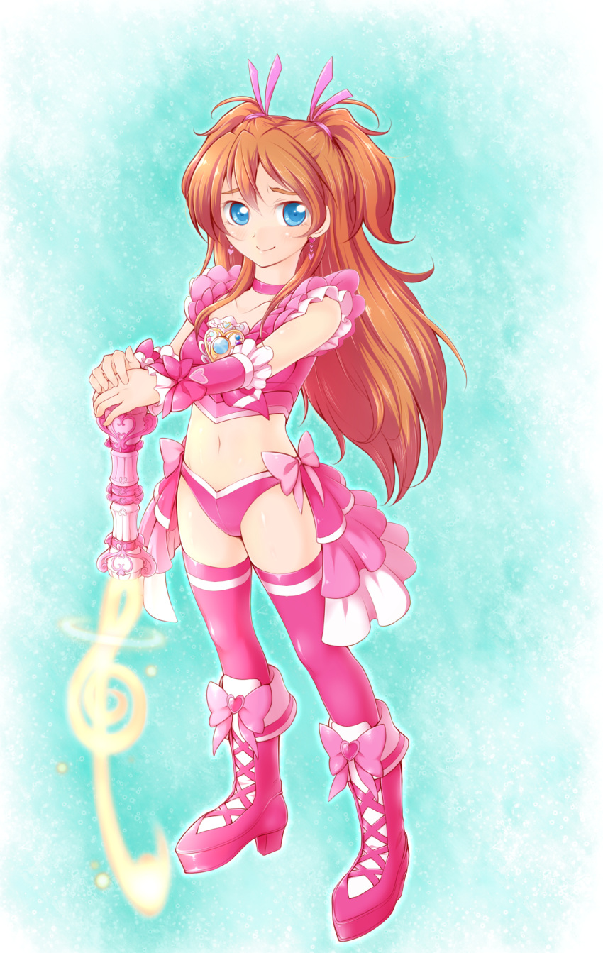 1girl adapted_costume arakawa_tarou blue_eyes boots braid brown_hair choker cosplay cure_melody cure_melody_(cosplay) earrings hair_ornament hair_ribbon half_updo happy highres houjou_hibiki jewelry knee_boots long_hair looking_at_viewer midriff navel pink_legwear pink_shirt pink_underwear precure ribbon shirt single_braid smile solo standing suite_precure thigh-highs thighs twintails underwear wrist_cuffs
