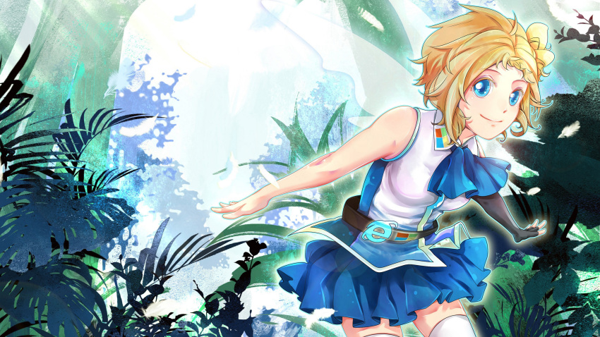 1girl absurdres ahoge aizawa_inori angela_chen belt blonde_hair blue_eyes collateral_damage_studios commentary fairy_wings feathers fingerless_gloves gloves hair_ornament highres internet_explorer jungle nature official_art os-tan outline personification single_elbow_glove skirt smile solo thigh-highs wallpaper white_legwear wings zettai_ryouiki