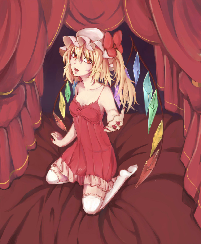 1girl arm_support breasts cleavage collarbone dress flandre_scarlet highres kneeling looking_at_viewer mob_cap nail_polish nightgown on_bed open_mouth outstretched_hand red_dress red_eyes red_nails side_ponytail small_breasts solo thigh-highs touhou white_legwear wings yayoi_(su_misheng)