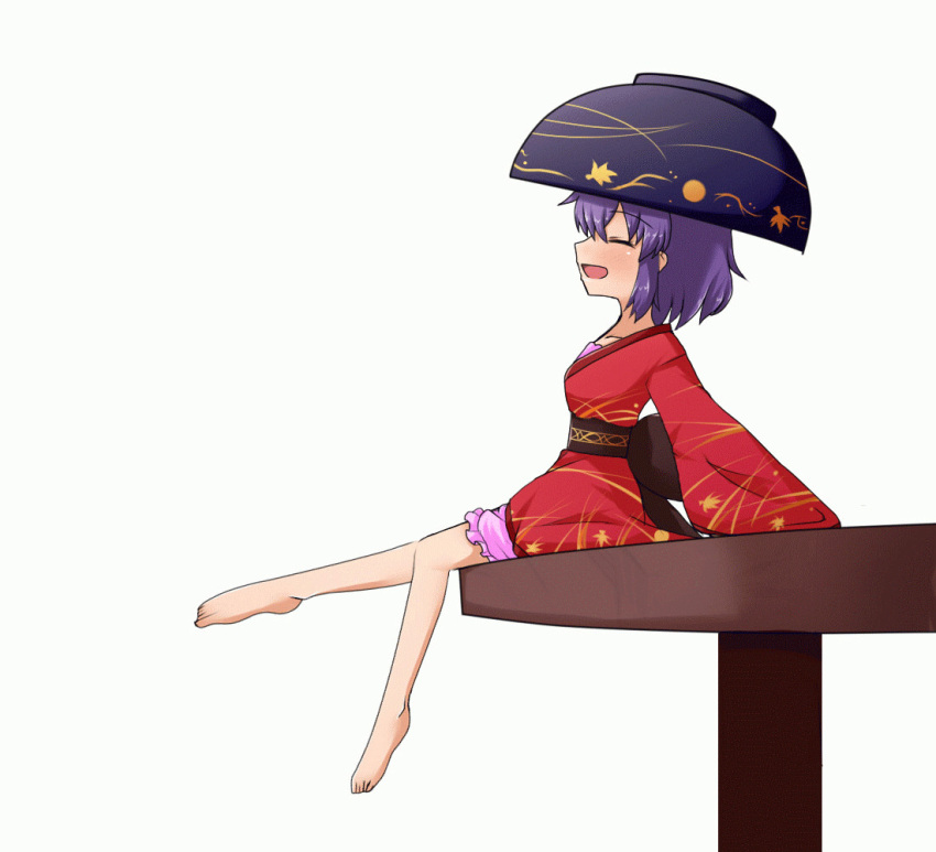 1girl animated animated_gif barefoot bowl closed_eyes collarbone feet floral_print happy hat japanese_clothes kimono legs long_sleeves mono_(mono60) open_mouth purple_hair sash simple_background sitting sitting_on_object smile sukuna_shinmyoumaru table toes touhou ugoira white_background wide_sleeves