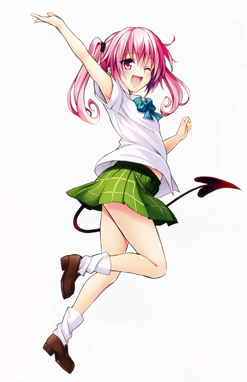 1girl ;d absurdres arm_up fang highres long_hair nana_asta_deviluke official_art one_eye_closed open_mouth pink_eyes pink_hair school_uniform smile solo tail to_love-ru to_love-ru_darkness twintails waving yabuki_kentarou