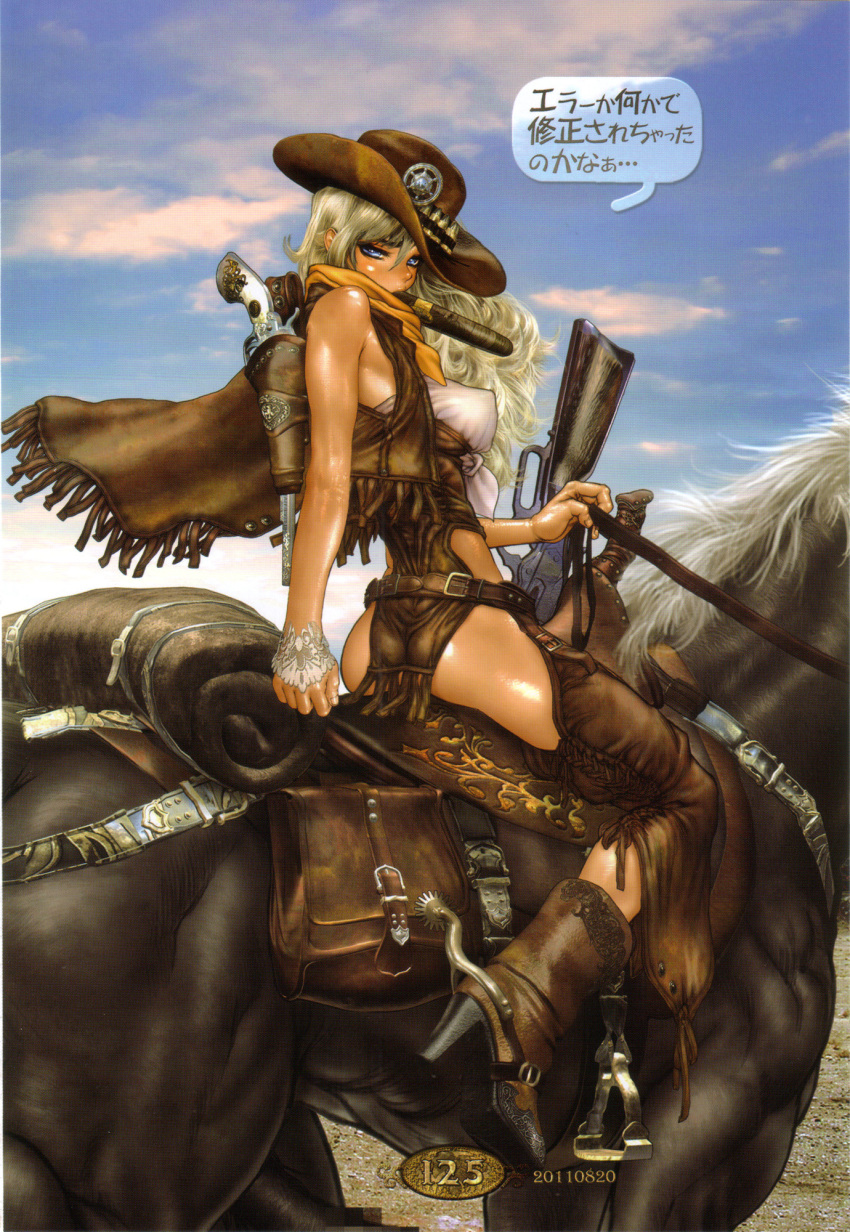 1girl blonde_hair boots breasts cowboy_boots cowboy_hat gun habanero hat highres horse juliona_trans long_hair looking_at_viewer looking_back rifle shirou_masamune weapon western wild_wet_west