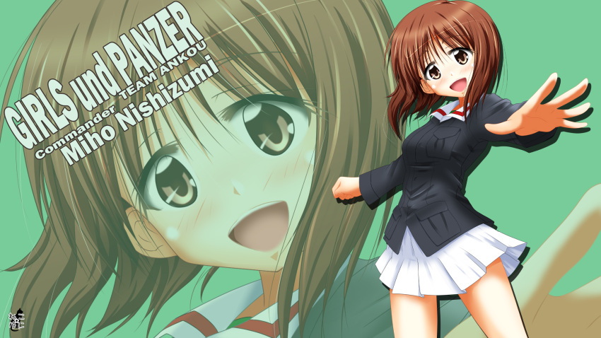 1girl adosan blush brown_eyes brown_hair character_name copyright_name english foreshortening girls_und_panzer highres jacket long_sleeves looking_at_viewer military military_uniform miniskirt nishizumi_miho open_mouth pleated_skirt skirt smile solo standing uniform wallpaper zoom_layer