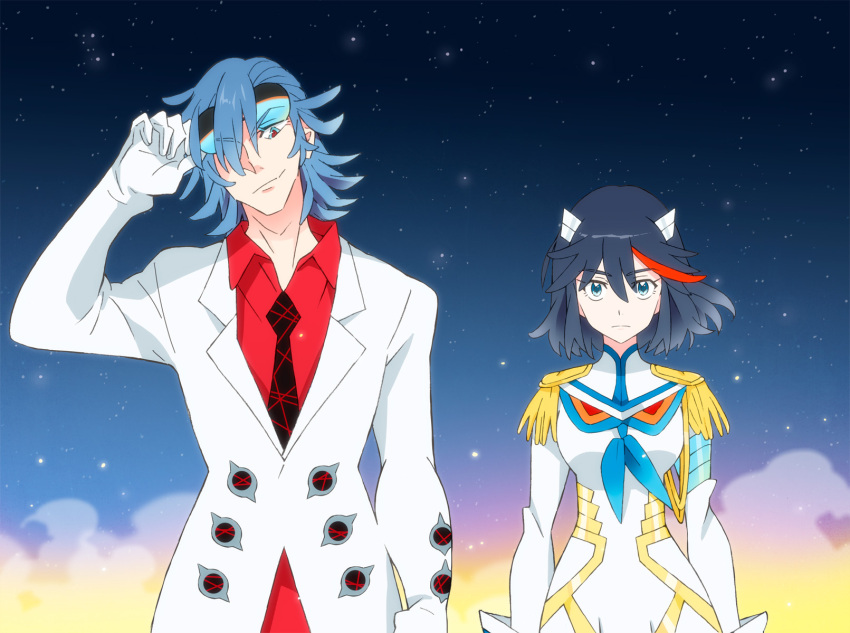 1boy 1girl bad_end black_hair blue_hair covers_(kill_la_kill) epaulettes hair_ornament hairclip highres junketsu kill_la_kill mako_(macomaco7) matoi_ryuuko mikisugi_aikurou multicolored_hair streaked_hair sunglasses