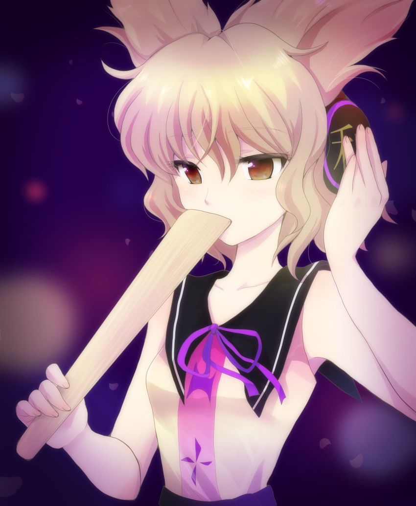 1girl absurdres bare_arms blonde_hair brown_eyes bust covering_mouth hand_on_headphones headphones highres hutson light_particles looking_at_viewer purple_background ribbon ritual_baton short_hair simple_background sleeveless sleeveless_shirt solo touhou toyosatomimi_no_miko