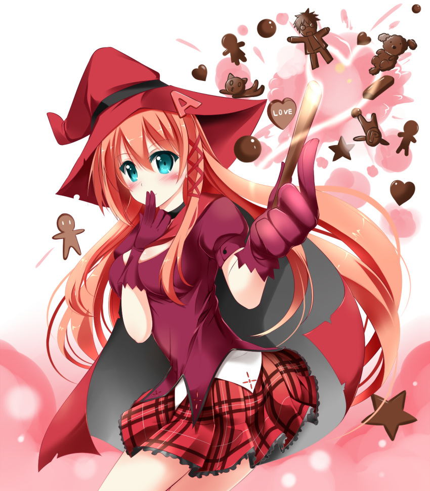 1girl blue_eyes blush breasts catstudioinc_(punepuni) female finger_to_mouth gloves hat highres long_hair original skirt solo very_long_hair witch_hat