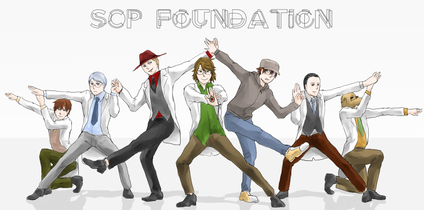 6+boys absurdres alto_clef black_hair blue_eyes brown_hair commentary copyright_name dog_head facial_hair gears_(scp) glasses green_eyes hat heterochromia highres hoodie iceberg_(scp) jack_bright jewelry kain_pathos_crow kneeling kondraki labcoat long_image looking_at_viewer male multiple_boys necklace necklace_removed necktie parted_lips pendant pose scp-963 scp_foundation seneo simon_glass smile standing sweatdrop tagme vest wide_image