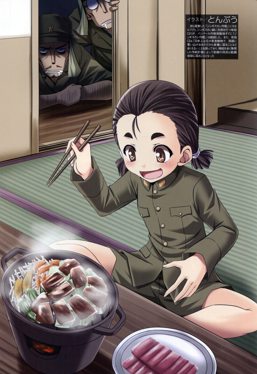 1girl :d black_hair blush brown_eyes buttons chopsticks cooking eyebrows food genderswap hair_strand highres holding indian_style indoors long_sleeves mc_axis military military_uniform mutaguchi_renya open_mouth original pants plate pocket real_life short_hair shorts sitting smile steam text tonpuu translation_request twintails uniform