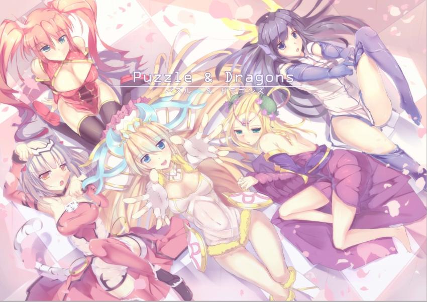5girls :d :o bare_shoulders barefoot black_boots black_legwear blonde_hair blue_eyes blush boots breasts checkered checkered_floor china_dress chinese_clothes cleavage covered_navel double_bun dragon_horns dragon_tail dress dressing fingerless_gloves flower from_above fur_trim gloves green_eyes hair_flower hair_ornament haku_(p&amp;d) head_fins headdress holding horns karin_(p&amp;d) knees_together_feet_apart knees_touching lao_meng large_breasts leiran_(p&amp;d) long_hair long_sleeves looking_at_viewer looking_up lying meimei_(p&amp;d) multicolored_hair multiple_girls navel off_shoulder on_back open_mouth orange_eyes orange_hair outstretched_arms petals purple_hair puzzle_&amp;_dragons red_dress red_shoes sakuya_(p&amp;d) shoes sitting sleeveless smile tail text thigh-highs tiger_tail trait_connection turtle_shell twintails two-tone_hair violet_eyes when_you_see_it white_dress white_hair yaranaika zettai_ryouiki