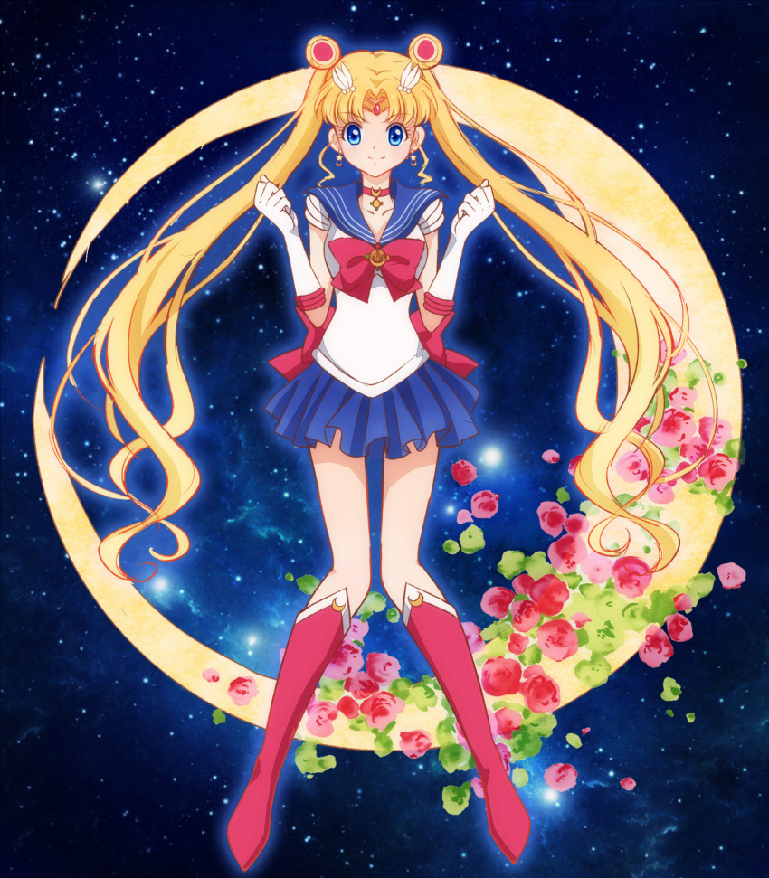 1girl bishoujo_senshi_sailor_moon bishoujo_senshi_sailor_moon_crystal blonde_hair blue_background blue_eyes blue_skirt boots bow brooch choker crescent_moon double_bun elbow_gloves flower gloves hair_ornament hairpin highres jewelry knee_boots knees_together_feet_apart long_hair lyra-kotto moon pleated_skirt red_rose ribbon rose sailor_collar sailor_moon skirt smile solo standing tsukino_usagi twintails very_long_hair white_gloves