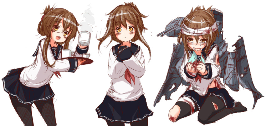 1girl anchor_symbol bandages bespectacled black_legwear blood blush brown_hair crying crying_with_eyes_open cup folded_ponytail glasses hands_on_own_chest highres inazuma_(kantai_collection) injury kantai_collection looking_at_viewer machinery mic_(folgore) mug neckerchief open_mouth pantyhose pleated_skirt sailor_collar school_uniform serafuku skirt tears torn_clothes torn_pantyhose tray white_background yellow_eyes