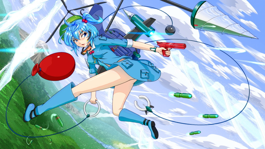 1girl backpack bag balloon between_breasts blue_eyes blue_hair blue_sky boots bullet clouds drill hair_bobbles hair_ornament hat highres kawashiro_nitori key missile mountain no_panties pocket river rock rubber_boots scenery short_hair short_sleeves short_twintails sky solo touhou tsukidaruma twintails upskirt water water_balloon water_gun weapon wrench