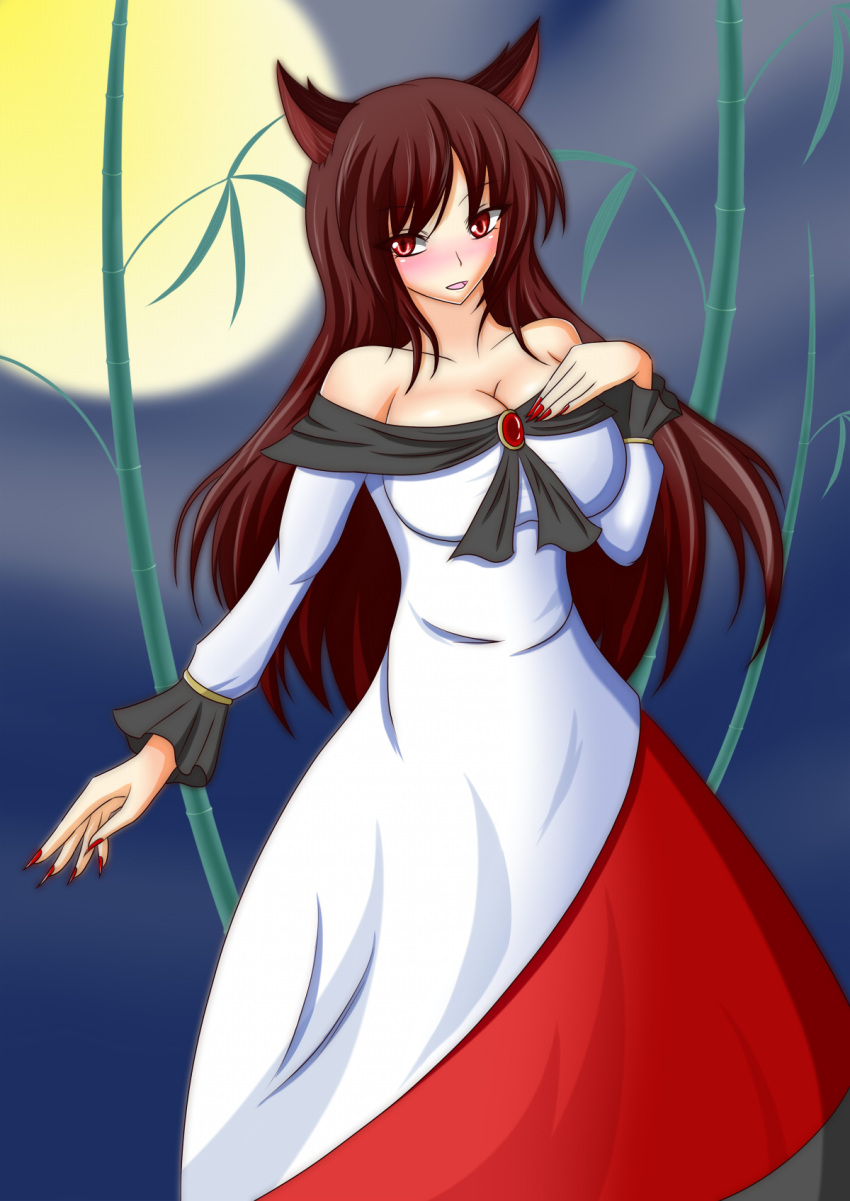 1girl animal_ears bamboo bamboo_forest bare_shoulders blush breasts brown_hair cleavage dress forest full_moon hand_on_own_chest highres imaizumi_kagerou jewelry large_breasts long_hair looking_at_viewer moon nature night open_mouth red_eyes seeker16 solo touhou wolf_ears