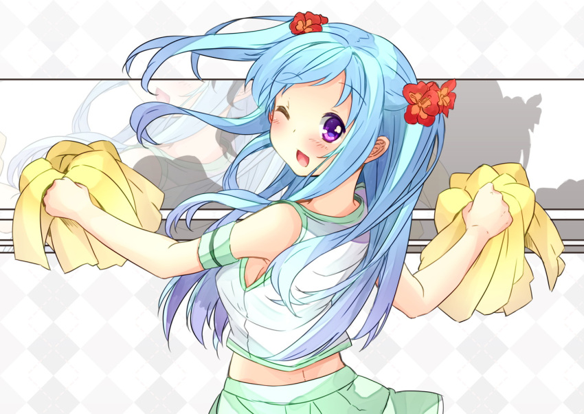 1girl arm_strap blue_hair blush cheerleader chemise flower hair_flower hair_ornament long_hair looking_at_viewer looking_back midriff one_eye_closed open_mouth original oruto_(ort+) pom_poms skirt smile solo two_side_up violet_eyes