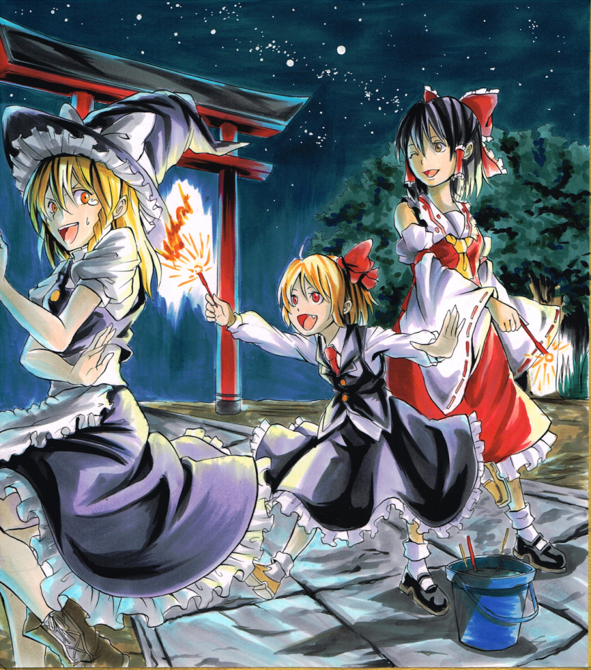 3girls apron ascot black_hair blonde_hair boots bow braid brown_eyes bucket chasing colored_pencil_(medium) detached_sleeves fang fireworks frilled_skirt frills hair_bow hair_ribbon hair_tubes hakurei_reimu hat hat_ribbon highres kirisame_marisa koji_(koji-a) long_hair long_sleeves looking_at_another marker_(medium) mary_janes mismatched_footwear multiple_girls necktie nib_pen_(medium) night one_eye_closed open_mouth orange_eyes outdoors outstretched_arm path red_eyes ribbon road rumia running shoes short_hair short_sleeves single_braid skirt skirt_set sky sparkler star_(sky) starry_sky sweatdrop torii touhou traditional_media tree vest waist_apron witch_hat