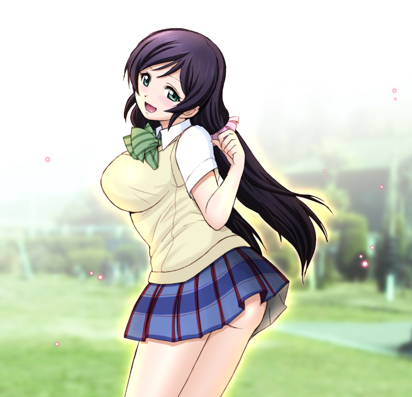 1girl breasts green_eyes harukigenia highres long_hair looking_at_viewer love_live!_school_idol_project no_panties open_mouth outdoors purple_hair school_uniform smile solo toujou_nozomi twintails