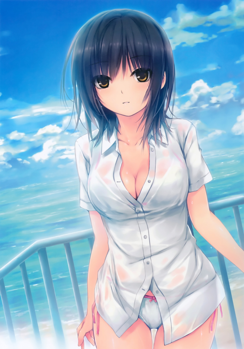1girl absurdres aoyama_sumika bikini black_hair blue_sky breasts brown_eyes cleavage clouds coffee-kizoku collarbone dress_shirt highres looking_at_viewer no_pants open_clothes open_shirt original panties parted_lips railing see-through see-through_silhouette shirt short_hair side-tie_bikini side-tie_panties sky solo swimsuit swimsuit_under_clothes thigh_gap underwear water wet wet_clothes white_bikini white_swimsuit