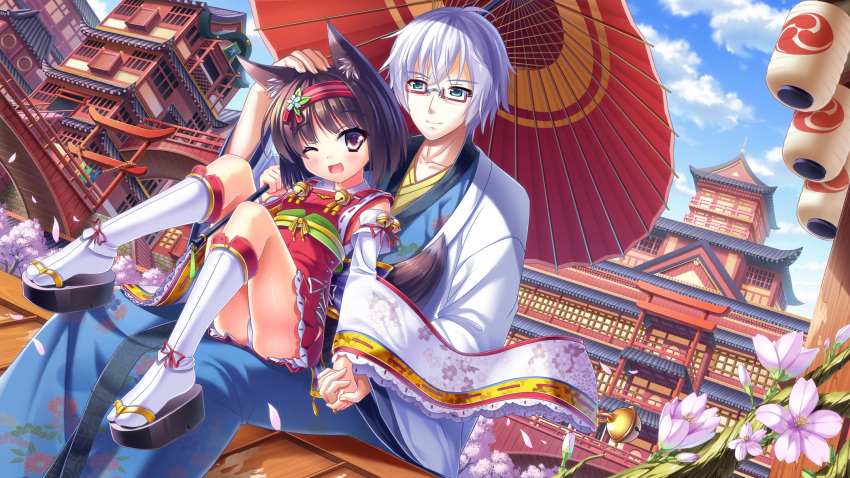 1boy 1girl animal_ears architecture blue_eyes bridge brown_eyes brown_hair building detached_sleeves dog_ears east_asian_architecture flower glasses hairband hand_on_another's_head highres holding_hands japanese_clothes lantern one_eye_closed original outdoors panties pantyshot pantyshot_(sitting) sandals silver_hair sittin sitting sitting_on_lap sitting_on_person smile tail tonchan umbrella underwear