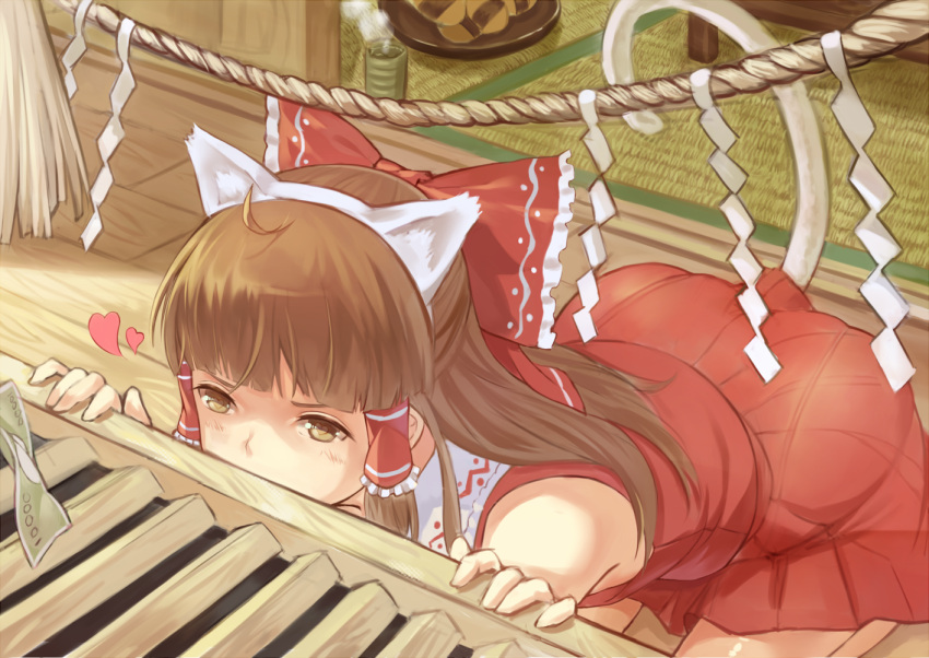 1girl animal_ears bow box brown_eyes cat_ears cup donation_box fake_animal_ears hair_bow hakurei_reimu heart kneeling long_hair money offering peeking shoutai_(7490773) skirt skirt_set sleeveless solo steam tail tea touhou